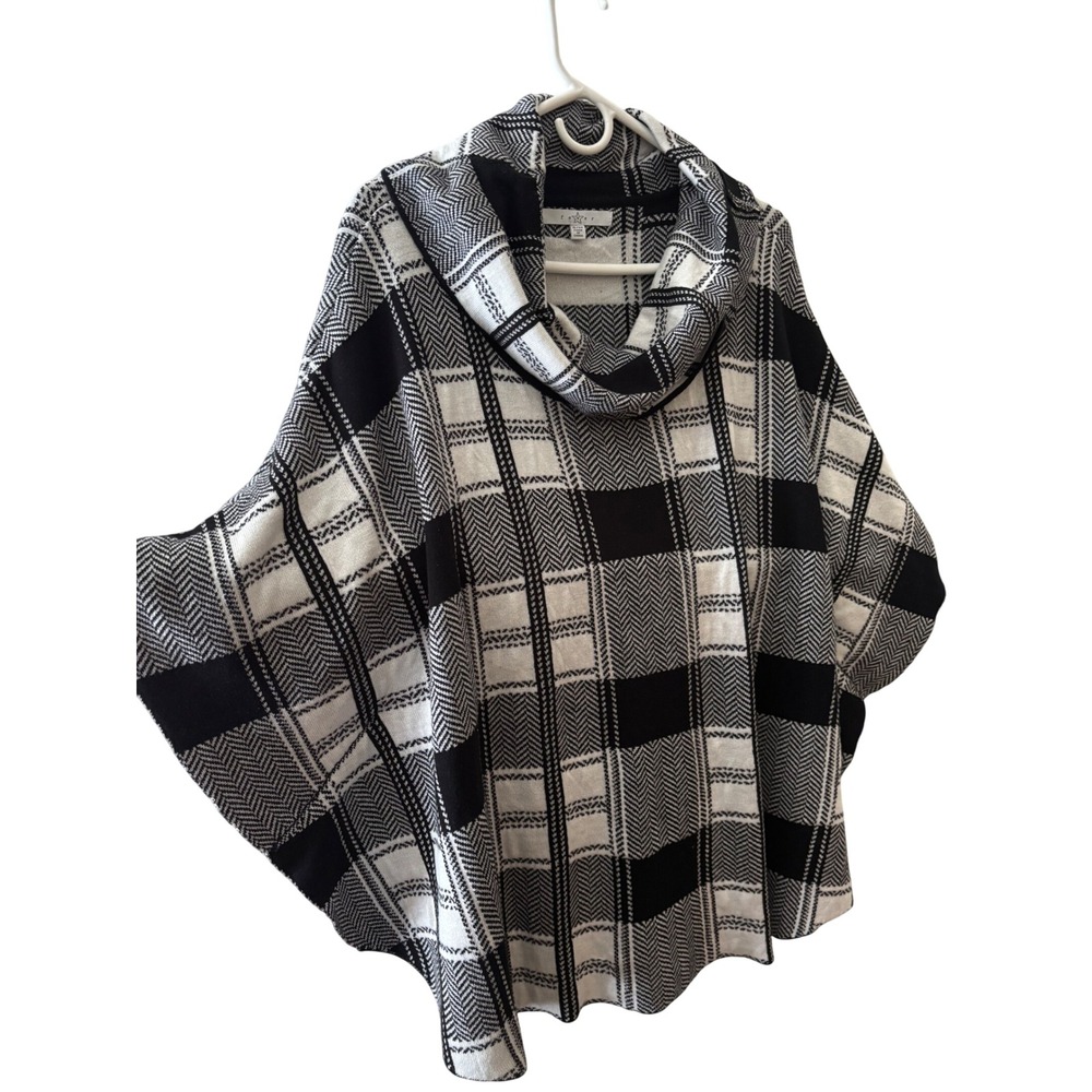 Fever Plaid Cowl Neck Poncho Sweater S M Black White Check Herringbone